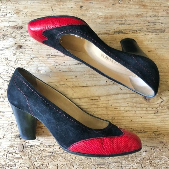 Vtg BOTTEGA VENETA Wingtip Snakeskin Leather Suede Contrast Stitch Heels 6.5 - Picture 7 of 16